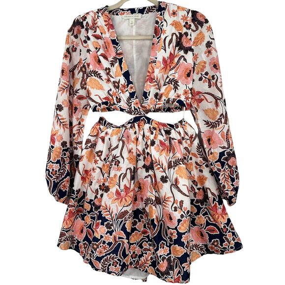 Chelsea & Violet Long Sleeve Floral Batik Print Mini Cut-Out Dress Size 4 - Picture 2 of 9
